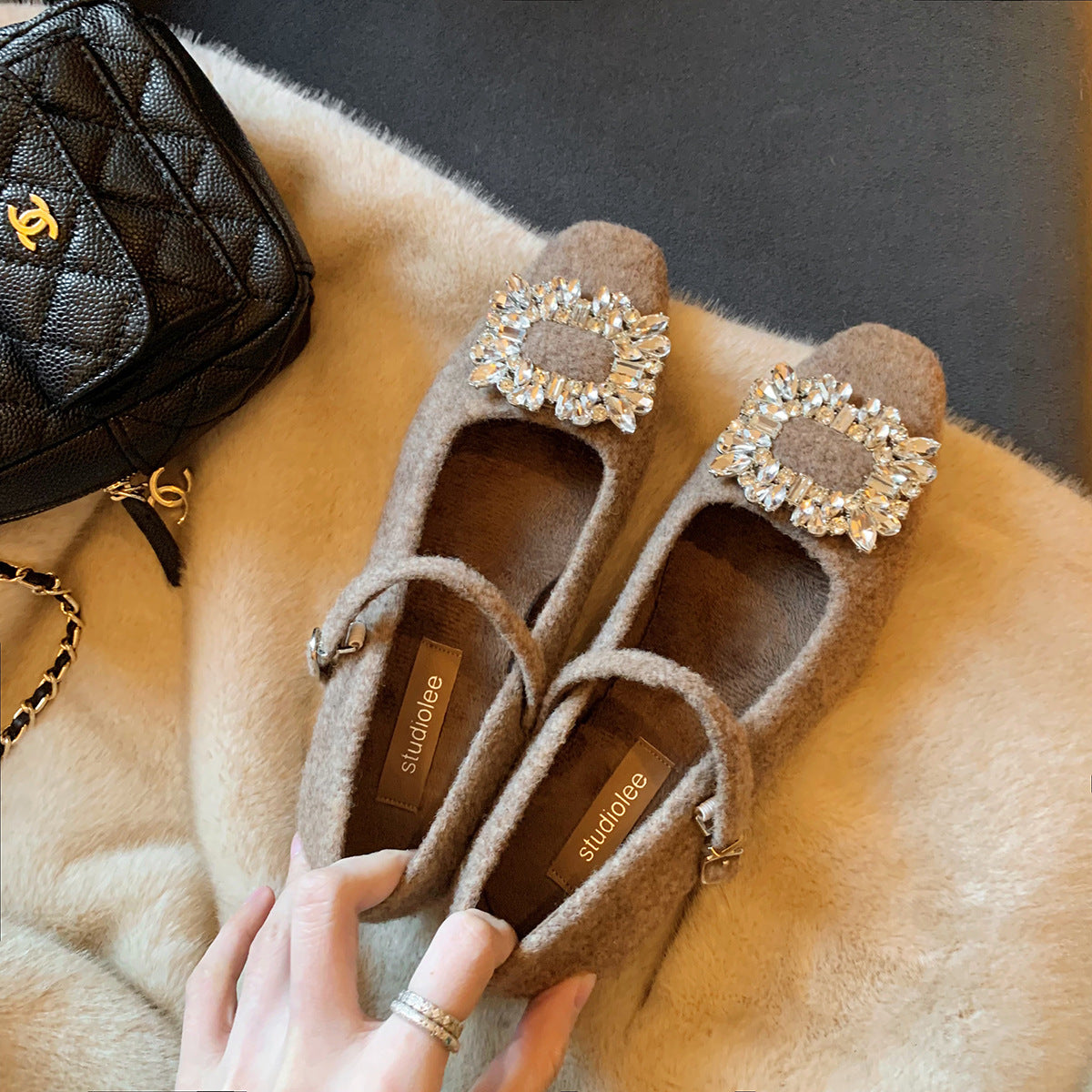 2025 2025 new autumn and winter velvet Mary Jane fluffy shoes thick heel high heel black square head rhinestone single shoes women's shoes