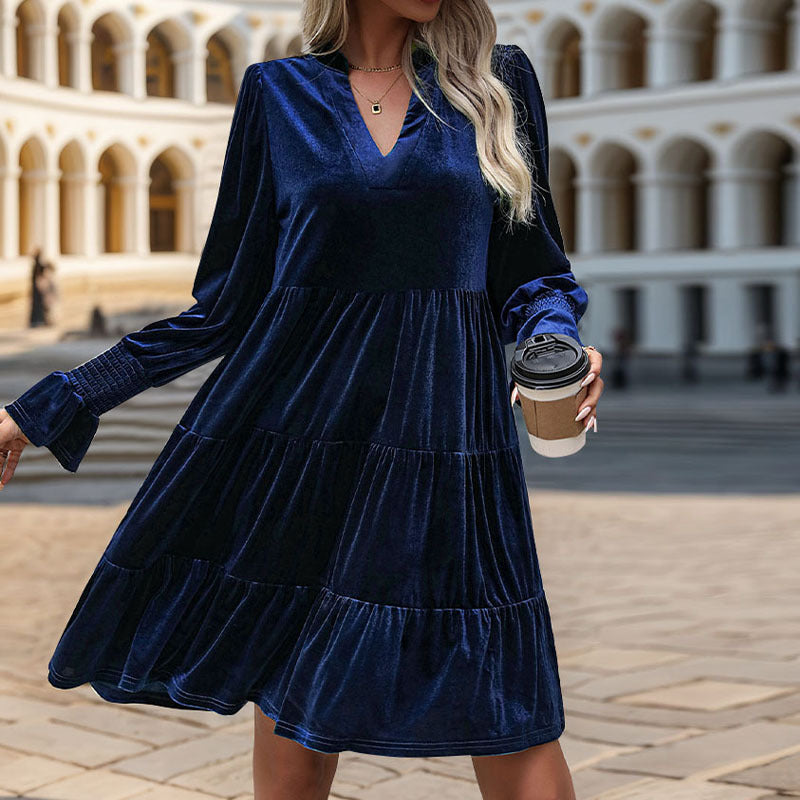 LOVECCR Europe and the United States foreign trade women's clothing autumn atmosphere elegant skirt V-neck ruffle edge velvet dress