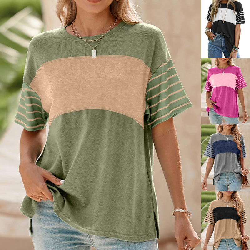 2025 Popular, , New women's clothing spring and summer new pullover round neck casual striped contrasting color short-sleeved t-shirt women
