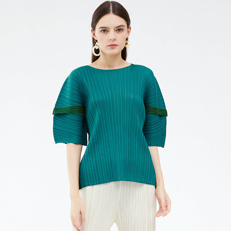 summer large size women's clothing new contrasting colors casual style pleated design sense simple loose splicing top women's summer