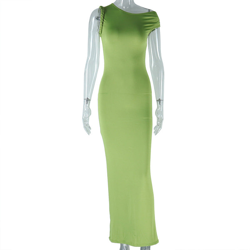 LOVERCCR European and American Style Dough-Twist Style Plaits Dress Shoulder Sleeveless Pullover Dress Mid-Length Solid Color Pullover Dress Dress