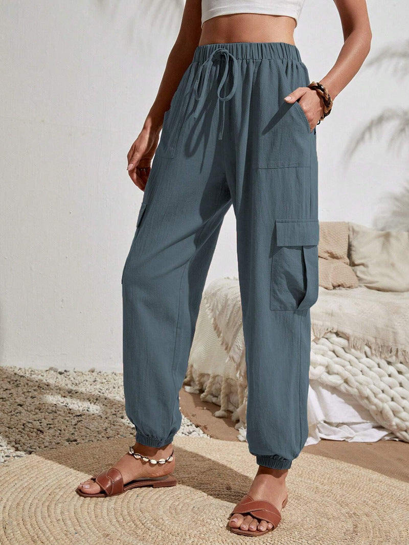 2025 Tiktoktemu women's clothing spring and summer new versatile solid color pocket casual tooling women's pants