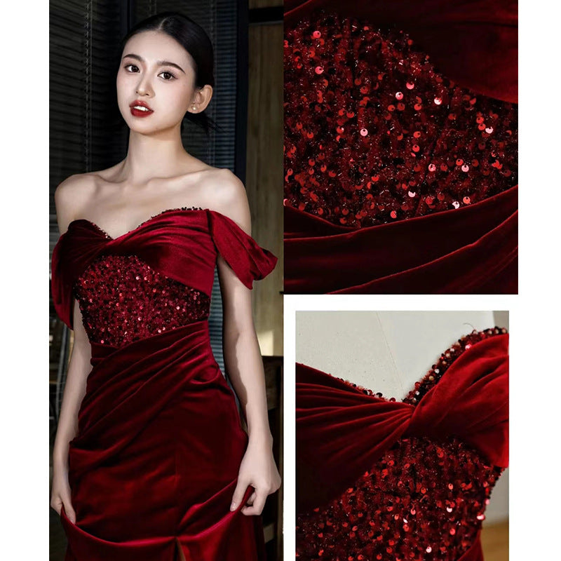 LOVERCCR Fishtail Toast Dress Bride Wine Red Engagement Dress Dress off-Shoulder High-Grade Velvet Sequins Elegant Female