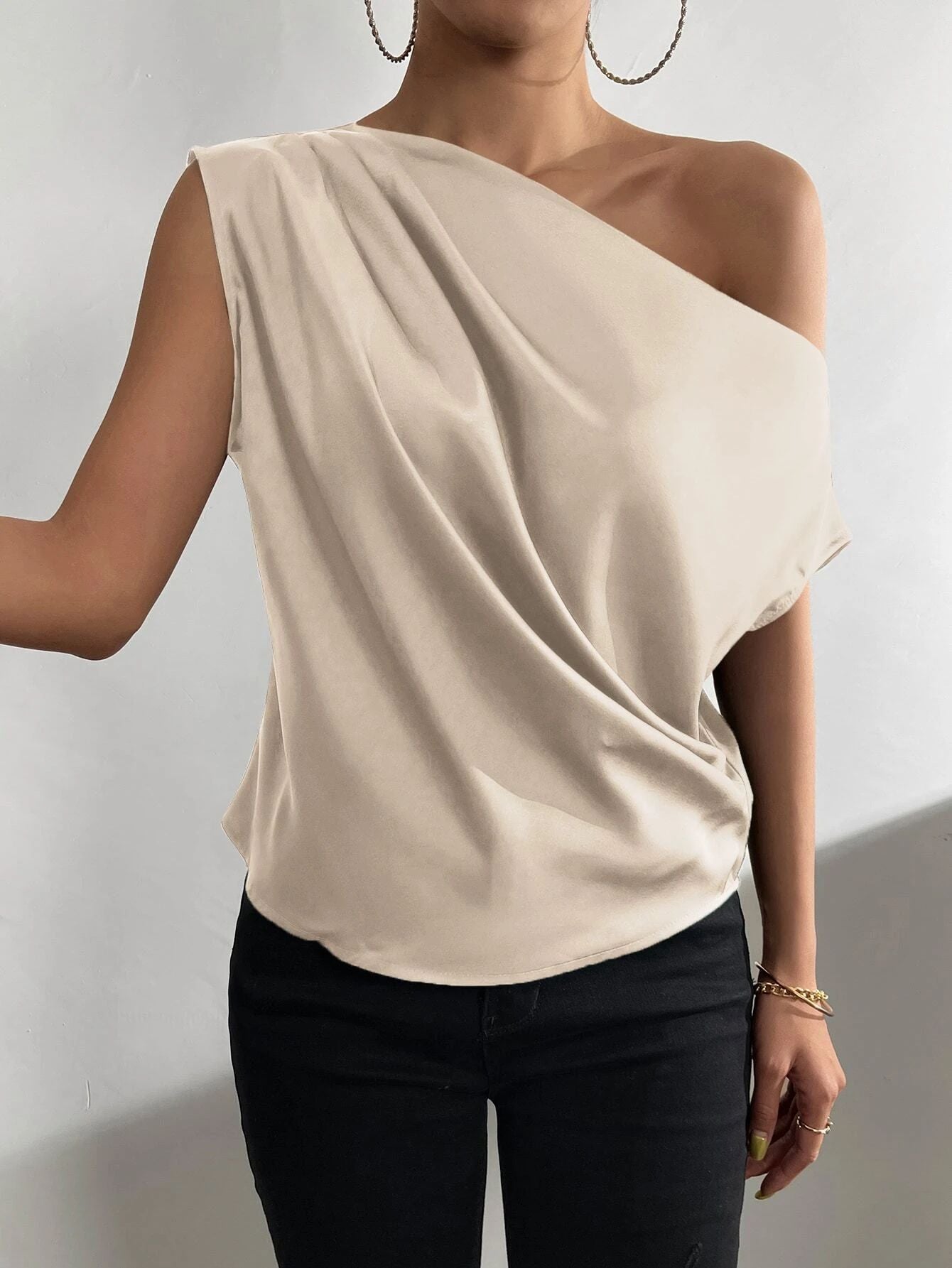 2025 Popular, , New women's clothing summer new fashion versatile diagonal collar pinch pleated shoulder asymmetrical vest