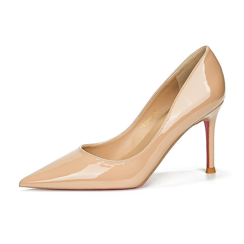 loveccr Nude Color Side Empty Red High Heel Shoes Women's Stiletto Heel New Pointed Low-Cut Patent Leather Sexy Temperament Genuine Leather Pumps