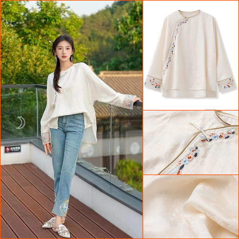 popular New Chinese-style retro diagonal placket buckle cuffs embroidered loose and thin silk top women's M5081