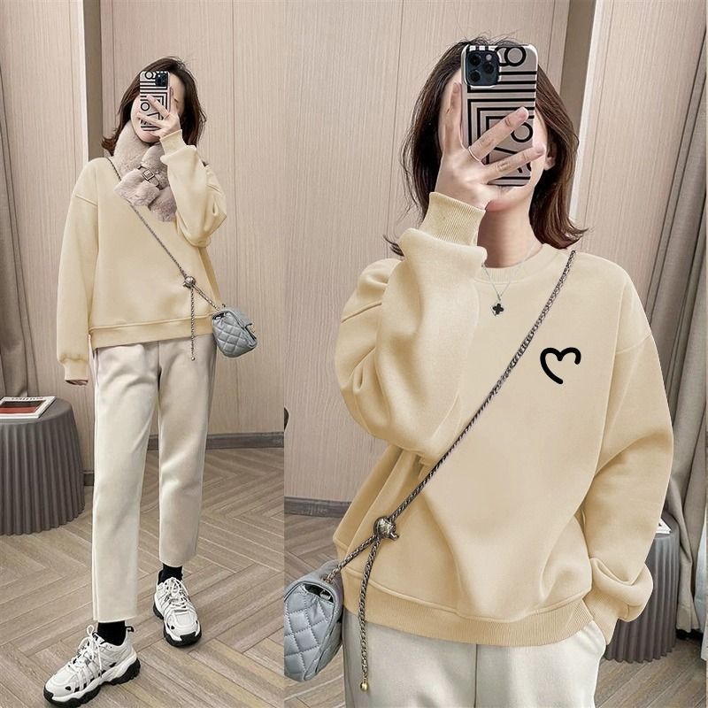 spring and autumn new Korean version of burgundy thin sweater women's pullover round neck printing loose long-sleeved top and clothing