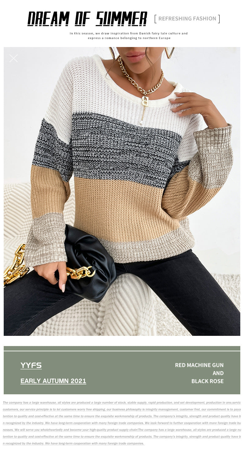 LOVECCR New Hot Trade popular Autumn and Winter New Crew Neck Long Sleeve Knitted Striped Contrast Sweater Pullover