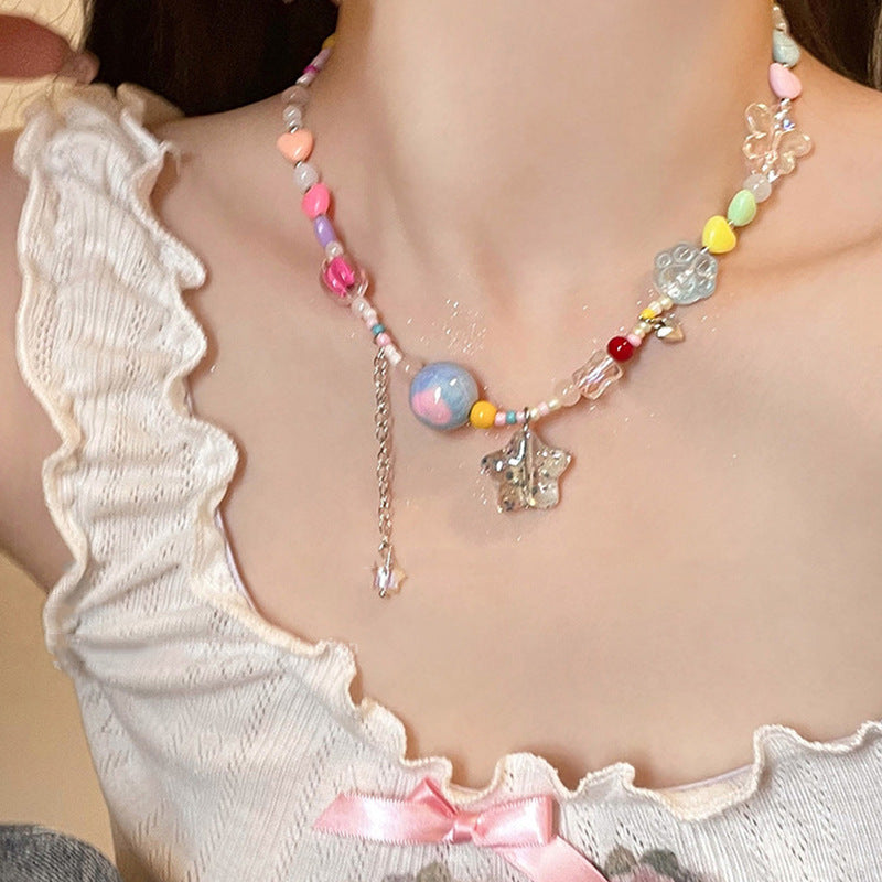 LOVECCR INS Dopamine Color Beaded Necklace New Fashion All-Match Special-Interest Design High Sense Necklace