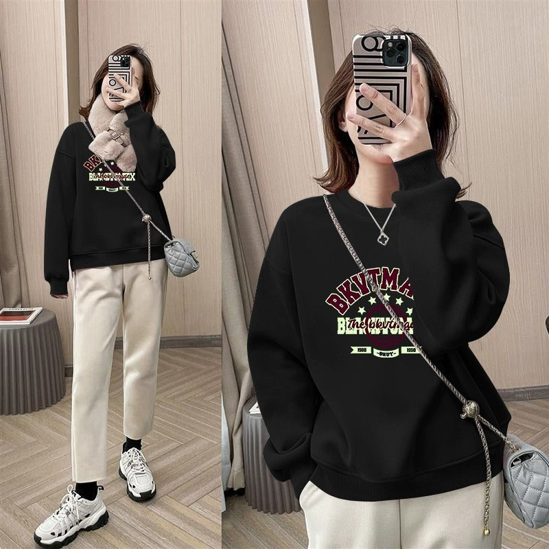 popular Spring and Autumn New Korean Edition Fashion Crew Neck Sweater Women's Loose Long Sleeve Small Versatile Fleece Top Trend