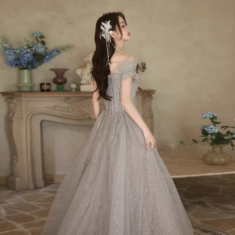 LOVECCR Evening Dress Women's Heavy Industry New off-Shoulder Elegant Socialite Princess Style Birthday Adult Gift Dress