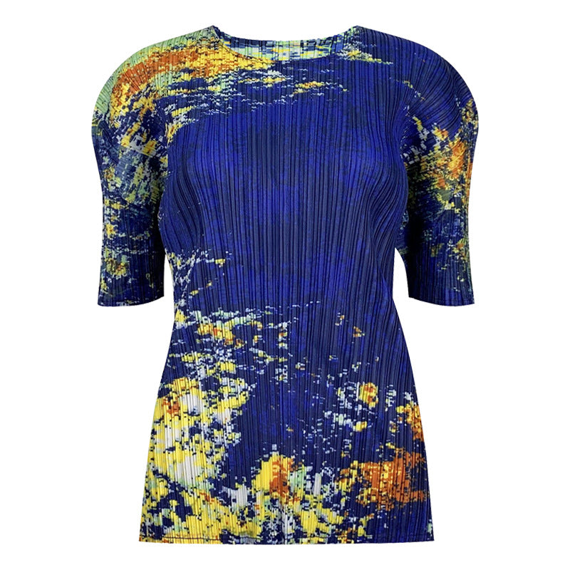 Casual style summer new niche starry sky printed top crew neck versatile t-shirt women's summer pleated bottoming shirt