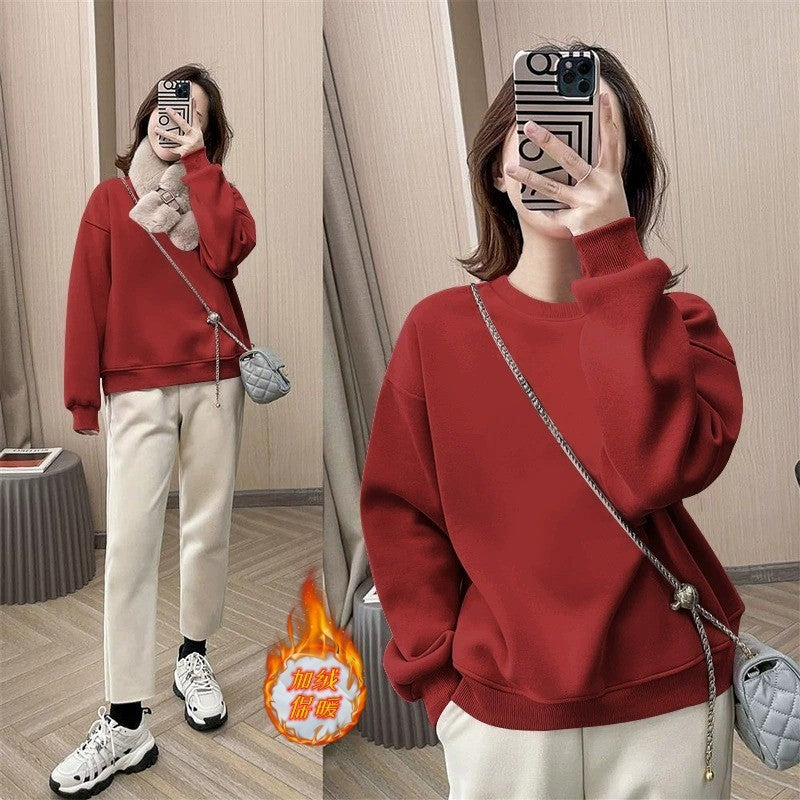 popular Spring and Autumn New Korean Edition Fashion Crew Neck Sweater Women's Loose Long Sleeve Small Versatile Fleece Top Trend