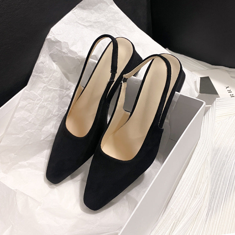 loveccr Red Pointed Toe High Heel Sandals for Women New Closed Toe Chunky Heel Not Tired Feet Simple Fashion Back Hollow Suede Sandals