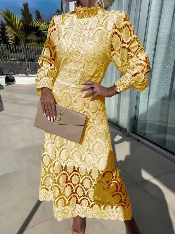 Spring New Style Lace Stand Collar Puff Sleeve Waist Slimming Dress Graceful European and American Long Dress