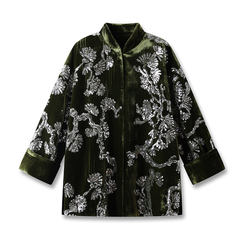 spring new new Chinese satin button-up top national style temperament jacquard green cotton jacket M3016
