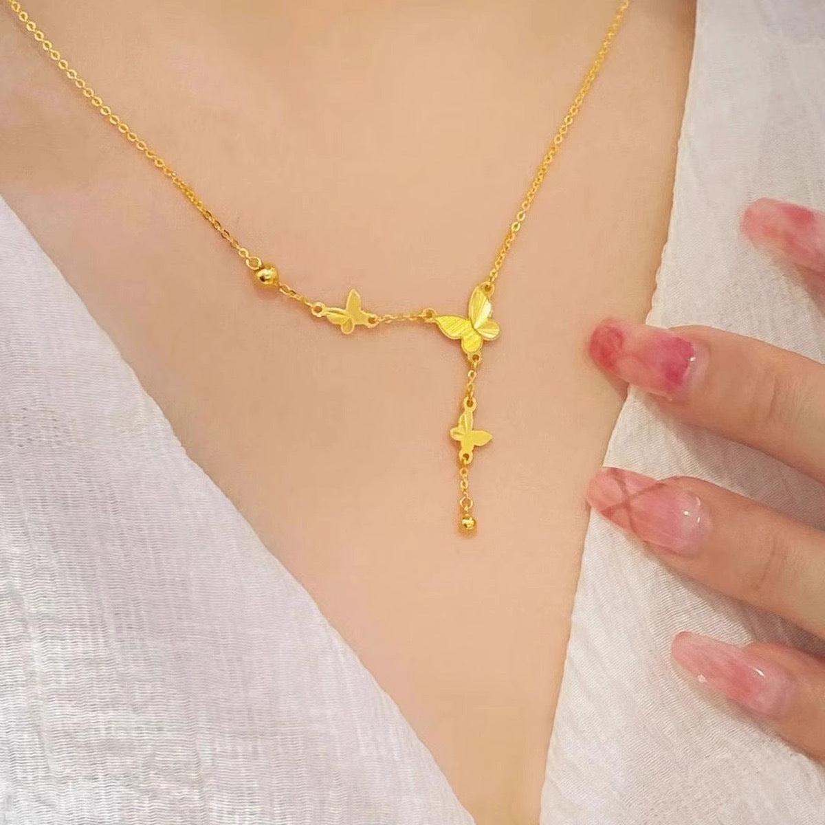 New Ancient Style Golden Butterfly Tassel Necklace Women's Gentle High-Grade Versatile Special-Interest Design Titanium Steel Clavicle Chain