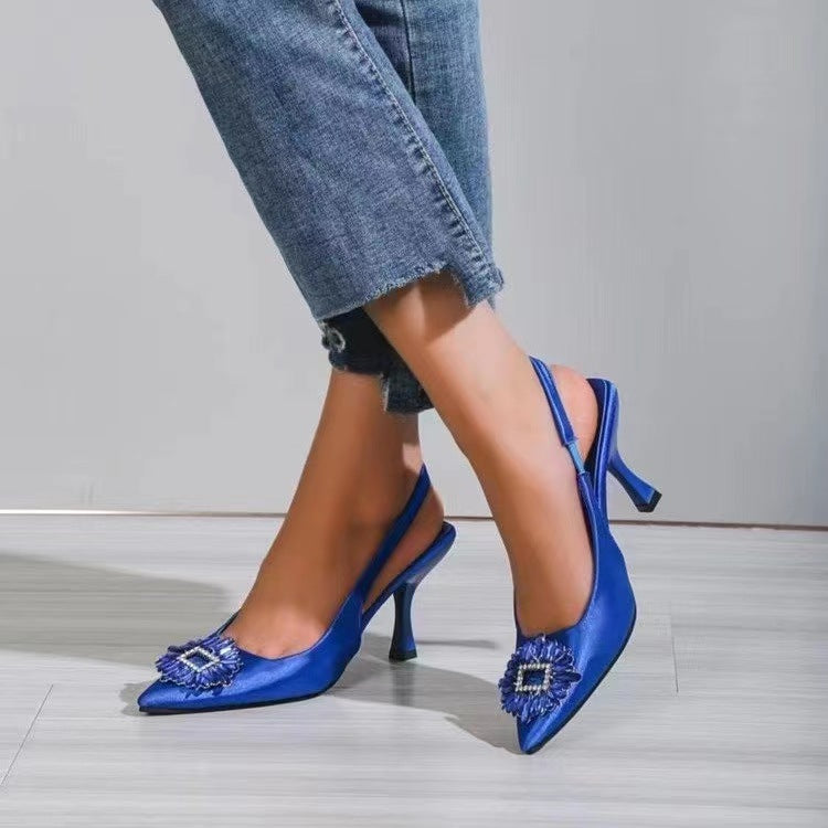 loveccr Autumn Women's Shoes Pointed High Heel Shiny Ornament Rhinestone Muller Temperament Wild Stiletto Toe Box Sandals Wholesale Delivery
