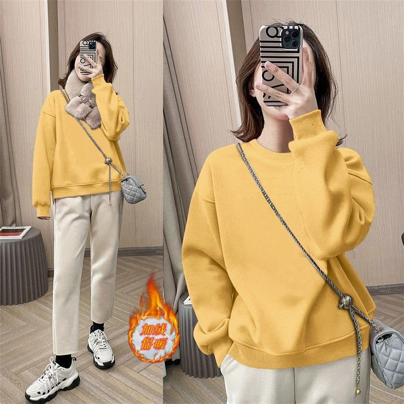 popular Spring and Autumn New Korean Edition Fashion Crew Neck Sweater Women's Loose Long Sleeve Small Versatile Fleece Top Trend