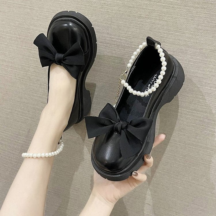 loveccr Style Mary Jane Shoes Women's Spring and Autumn New Pearl Bow Girls' Pumps Chunky Heel Fairy Style Loafers