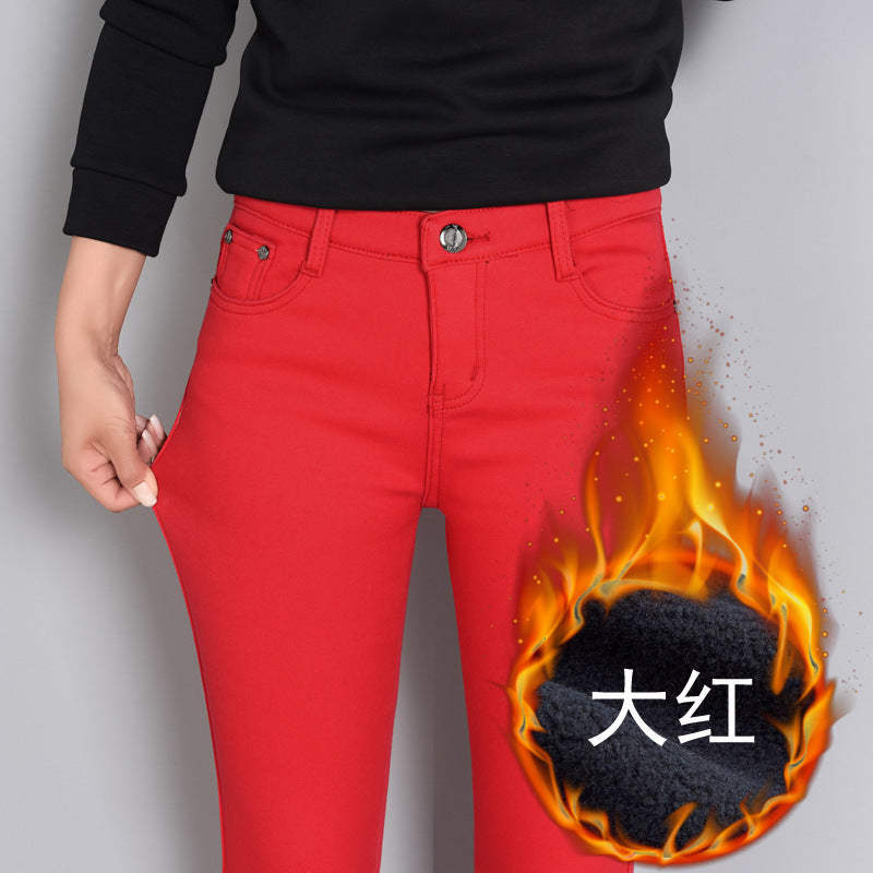 Plus Size Fleece-lined Thick Color Pants Korean Style Winter Skinny Jeans Women's Candy Color Warm Pencil Pants Women's Pants