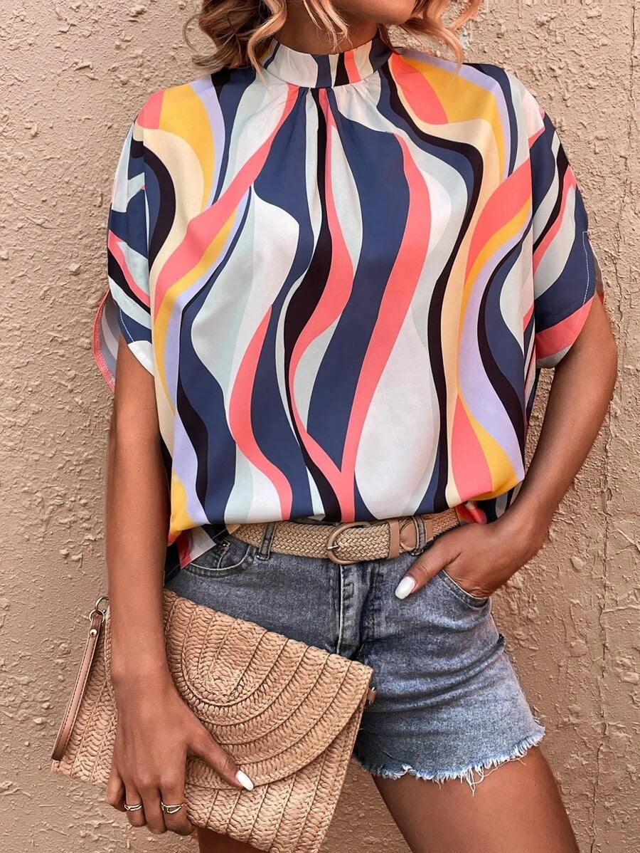2025 Popular, , New women's clothing summer new casual fashion printed split-ended bat sleeve top women