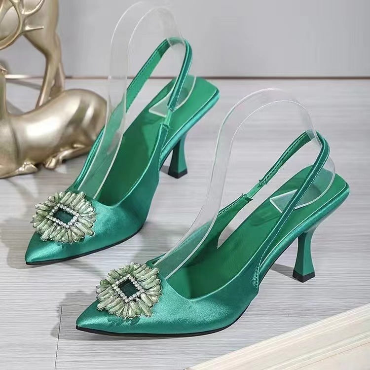 loveccr Autumn Women's Shoes Pointed High Heel Shiny Ornament Rhinestone Muller Temperament Wild Stiletto Toe Box Sandals Wholesale Delivery