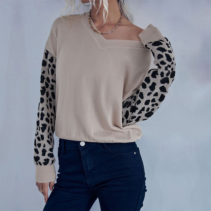 LOVECCR Popular trade New autumn new V-neck knitted sweater pullover Popular trade splicing leopard print sweater bottoming shirt women