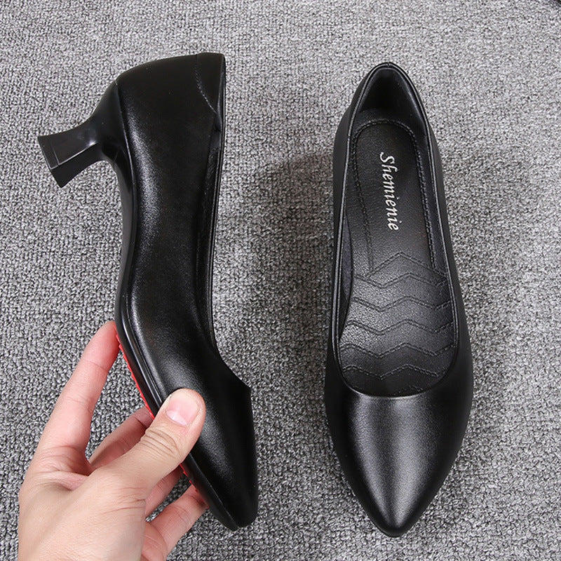loveccr Genuine Leather Stewardess Work Shoes Women's Black Leather Shoes Small Heel Professional Business Workwear Formal Wear Mid-Heel High Heel Interview Women's Shoes