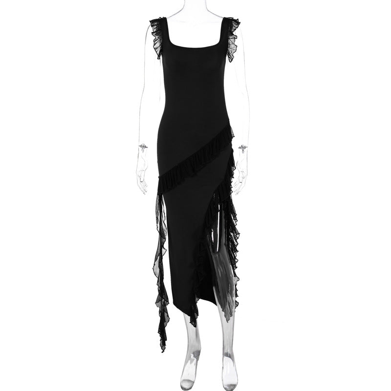 European and American Style Cross-Border Women's Clothing Summer and Autumn New Fashion Sexy Wooden Ear Stitching Temperament Split Dress