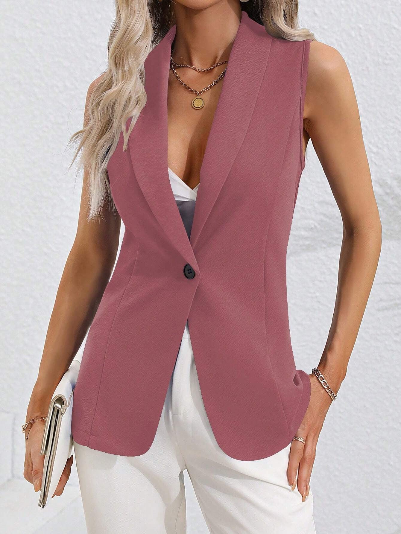 2025 Spring and Autumn New Solid Color Cardigan Single Button Jacket Sleeveless Crew Neck Jacket Women