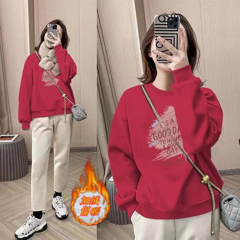 spring and autumn Korean version of fashion small round neck pullover fleece sweater long sleeve loose tide ins style top