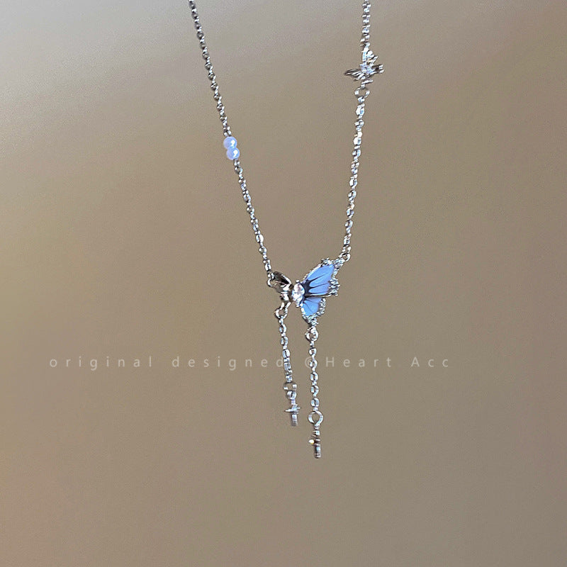 LOVECCR Titanium Steel No Fading Butterfly Zircon Tassel Necklace for Women New Niche High Sense Clavicle Chain Neck Chain Accessories