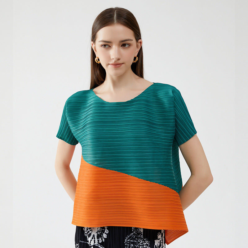 summer new Korean version fashion pleated design sense round neck short sleeve loose contrasting casual t-shirt top women