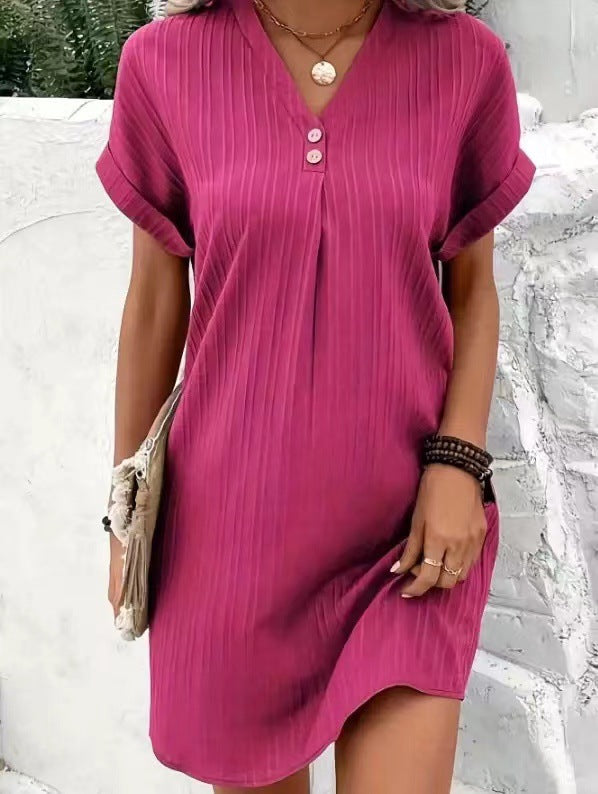 LOVECCR Cross-Border European and American Women's Clothing New Hot Sale V-neck Solid Color Pullover Leisure Button Dress in Stock