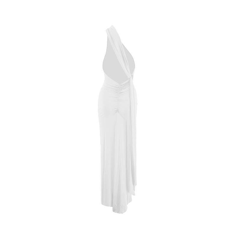 LOVECCR 2025 style women's clothing Hot summer new product slanted shoulder sexy slim backless pleated hollow strap long dress