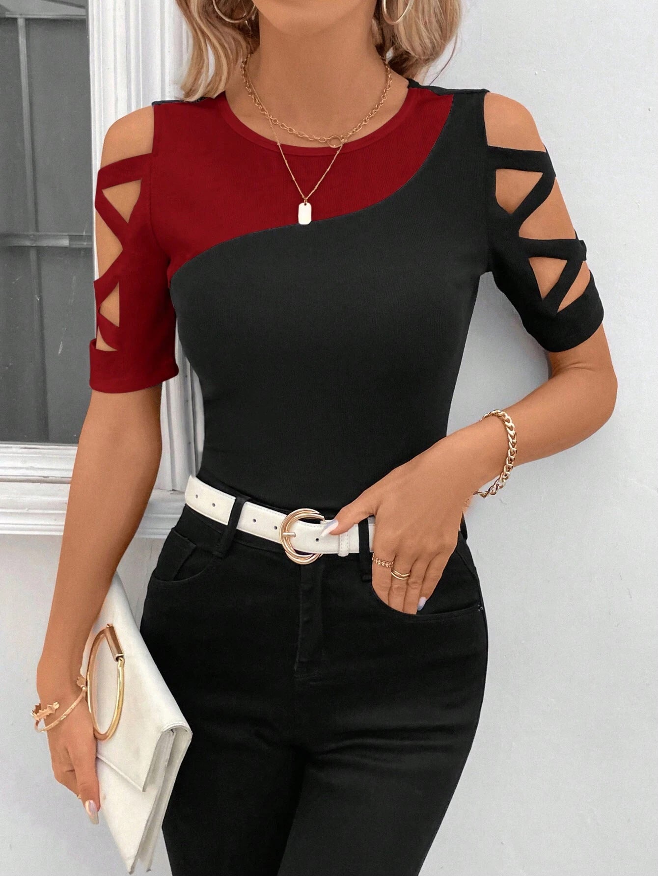 2025 Popular trade New spring and summer new classic color matching cross-shoulder slim top T-shirt women