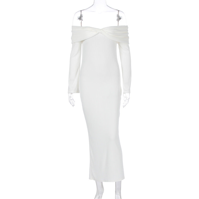 LOVECCR2025 cross-border women's clothing summer new fashionable and sexy knitted hollow one-word collar long-sleeved temperament dress