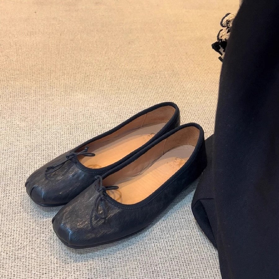 2025 Cowhide version~ Leather ballet shoes for women to wear bows, temperament, shallow mouth flat sole shoes, retro grandma shoes