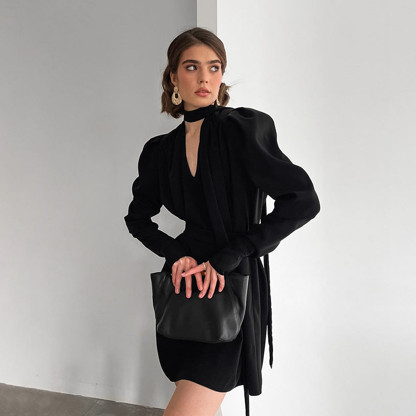 2025 popular Autumn Temperament V-Neck Bubble Sleeve Design Sense Dress Black Long Sleeve Chiffon Short Skirt Women's Clothing
