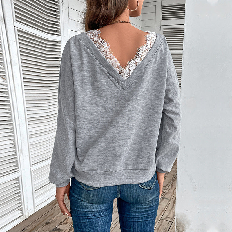 LOVECCR women's clothing Hot autumn 2025 popular V-neck sweater lace splicing top fashion pullover T-shirt