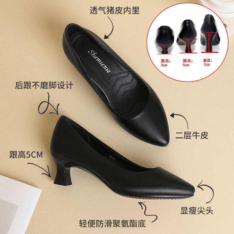 loveccr Genuine Leather Stewardess Work Shoes Women's Black Leather Shoes Small Heel Professional Business Workwear Formal Wear Mid-Heel High Heel Interview Women's Shoes