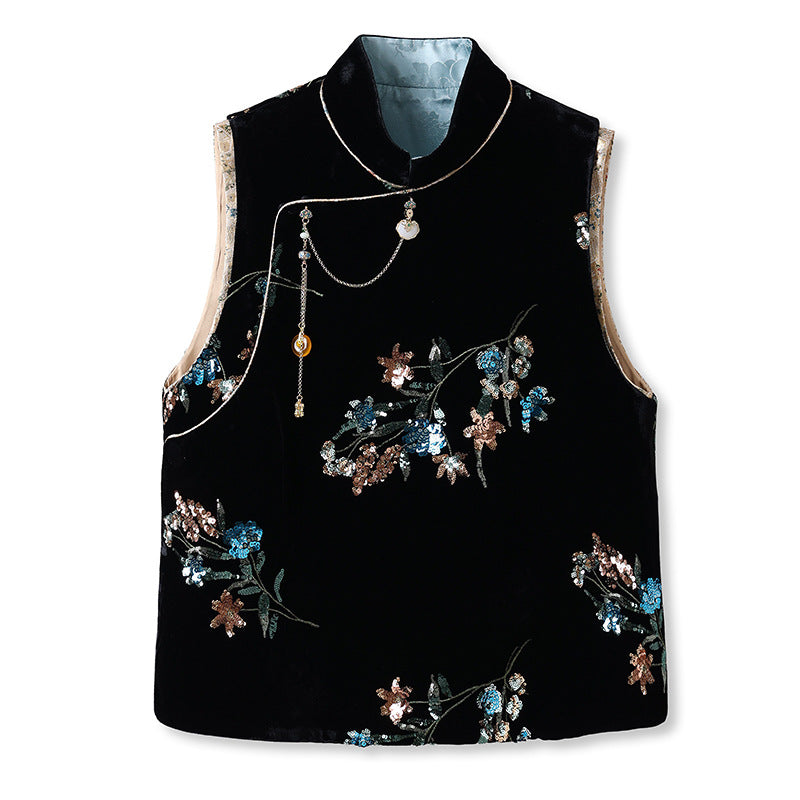 spring new new Chinese satin sequined vest national style temperament design sense black vest M3038