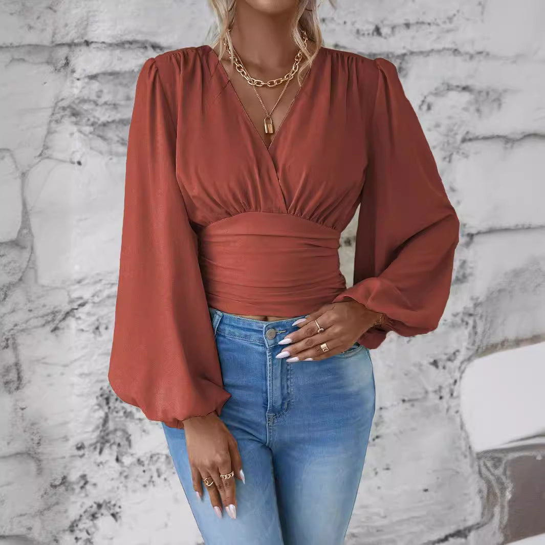 2025 popular Popular, , New spring and autumn new fashion waist V-neck bag sleeve solid color wrinkled T women's long-sleeved top
