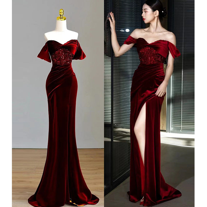 LOVERCCR Fishtail Toast Dress Bride Wine Red Engagement Dress Dress off-Shoulder High-Grade Velvet Sequins Elegant Female