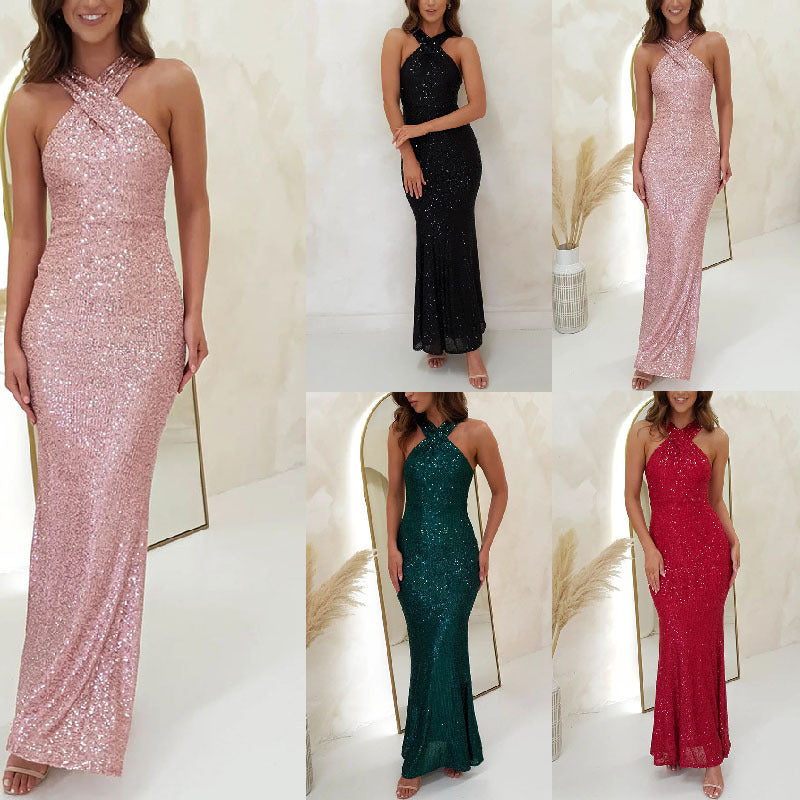 LOVECCR Cross-Border Foreign Trade Independent Station New European and American Sexy Backless Sleeveless Sequined Maxi Dress Evening Dress