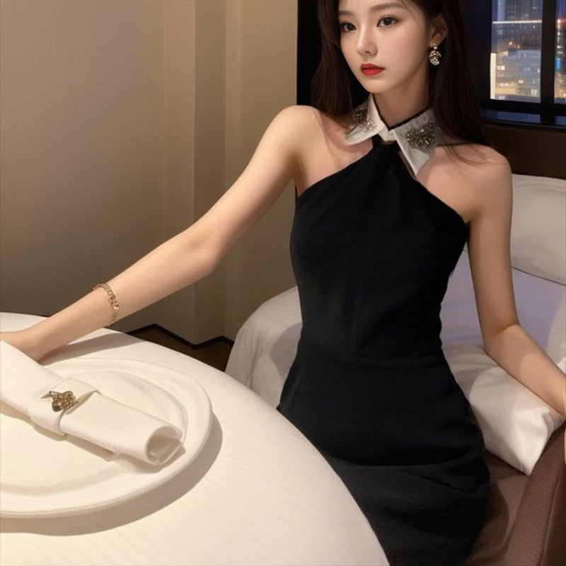 retro Hepburn style suspender dress women's summer small detachable collar temperament small black dress L4037