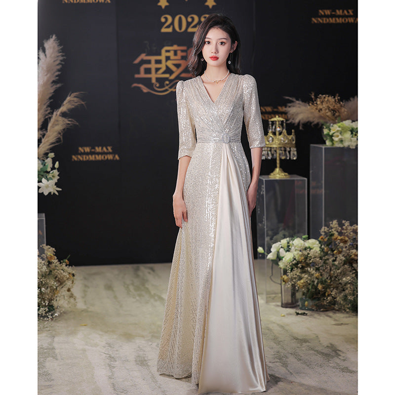 LOVECCR Champagne Evening Dress for Women New High-End Temperament Light Luxury Minority Banquet Host Fishtail Dress Sequins