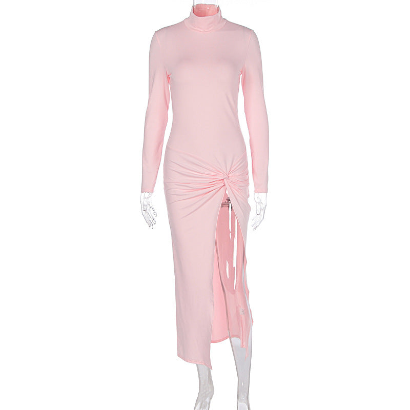 LOVECCR2025 style cross-border autumn new women's clothing semi-turtleneck sexy split pleated fashion temperament dress women