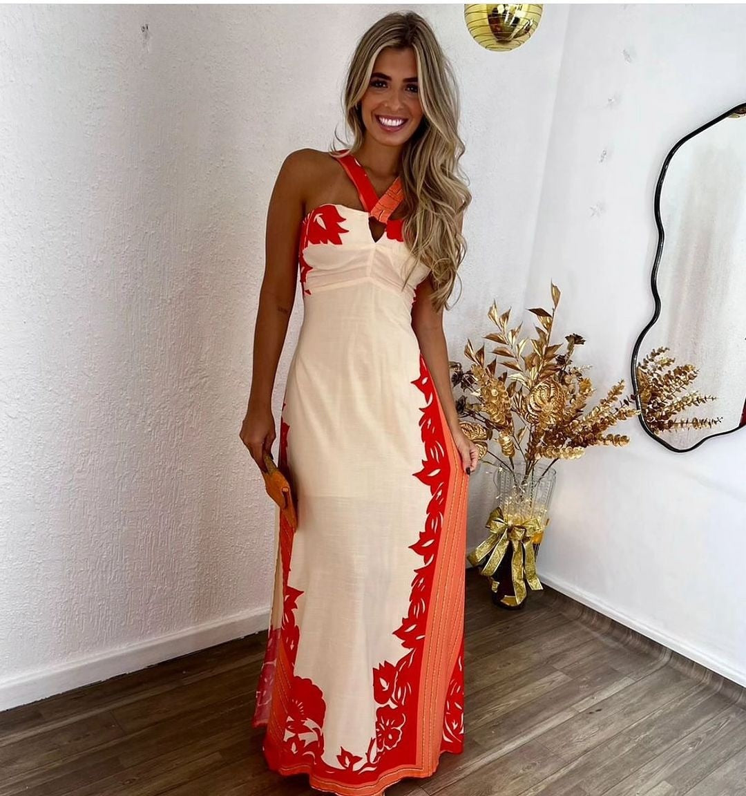 2025 summer New new 2025 neck sexy color matching fashion vacation beach long printing dress women's clothing